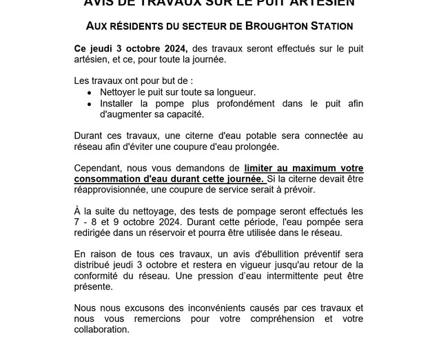 Avis de travaux - Puit artésien - Broughton Station