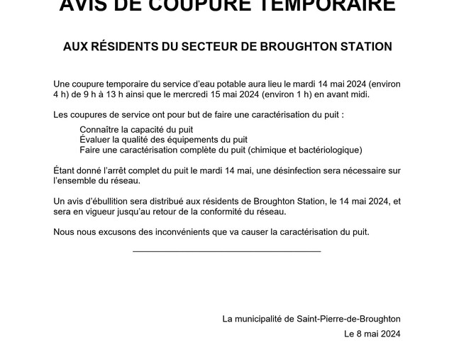 Avis de coupure d'eau temporaire